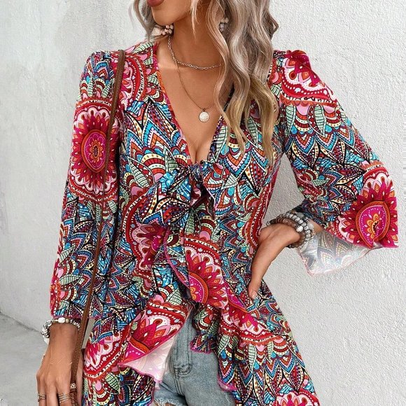 Red Boho Womens Mandala Print Flare Sleeve Ruffle Hem Blouse - Picture 4 of 4
